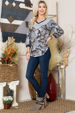 Load image into Gallery viewer, Celeste Full Size Camouflage V-Neck Balloon Sleeve Top