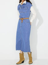 Load image into Gallery viewer, Slit Half Button Collared Neck Cap Sleeve Denim Dress