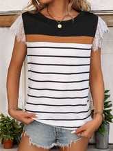Load image into Gallery viewer, Lace Detail Striped Round Neck Cap Sleeve T-Shirt