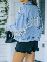 Load image into Gallery viewer, Distressed Fringe Denim Jacket