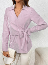 Load image into Gallery viewer, Bow Tie Waist Johnny Collar Neck Striped Blouse