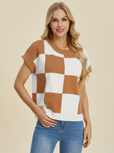 Load image into Gallery viewer, Double Take Full Size Checkered Round Neck Short Sleeve Sweater