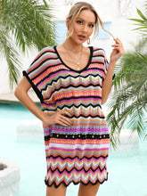 Load image into Gallery viewer, Rainbow Stripe Scalloped V-Neck Cover-Up Dress