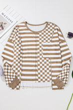 Load image into Gallery viewer, Checker & Stripes Round Neck Long Sleeve Blouse