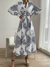 Load image into Gallery viewer, Printed Notched Lantern Sleeve Midi Dress