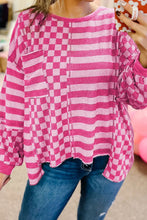 Load image into Gallery viewer, Checker & Stripes Round Neck Long Sleeve Blouse