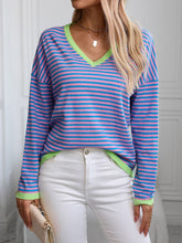 Load image into Gallery viewer, Contrast Trim Striped V-Neck Long Sleeve Knit Top