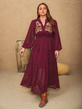 Load image into Gallery viewer, Plus Size Embroidered Polka Dot Tie Neck Long Sleeve Midi Dress