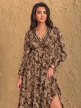 Load image into Gallery viewer, Ruched Printed V-Neck Long Sleeve Midi Dress