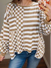 Load image into Gallery viewer, Checker & Stripes Round Neck Long Sleeve Blouse