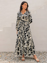 Load image into Gallery viewer, Smocked Printed Tie Neck Long Sleeve Dress