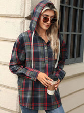 Load image into Gallery viewer, Drawstring Plaid Hooded Long Sleeve Top