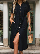 Load image into Gallery viewer, Perfee Slit Drawstring Button Up Short Sleeve Midi Dress