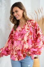Load image into Gallery viewer, Hailey & Co Ruffle V-Neck Decor Button Floral Blouse