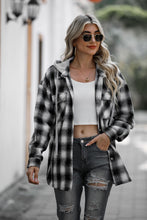Load image into Gallery viewer, Double Take Drawstring Plaid Long Sleeve Hooded Shacket