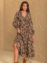 Load image into Gallery viewer, Ruched Printed V-Neck Long Sleeve Midi Dress