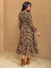 Load image into Gallery viewer, Ruched Printed V-Neck Long Sleeve Midi Dress