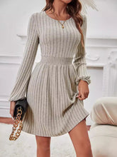 Load image into Gallery viewer, Smocked Round Neck Long Sleeve Knee Length Dress
