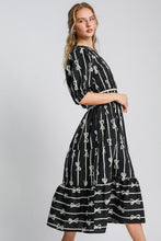 Load image into Gallery viewer, Umgee Bow Tie Print Notched Contrast Velvet Trim Midi Dress