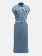 Load image into Gallery viewer, Slit Half Button Collared Neck Cap Sleeve Denim Dress