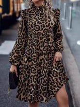 Load image into Gallery viewer, Ruffled Leopard Mock Neck Long Sleeve Mini Dress