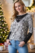 Load image into Gallery viewer, Heimish Full Size Snakeskin Print Round Neck Lace Contrast Top