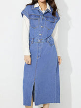 Load image into Gallery viewer, Slit Half Button Collared Neck Cap Sleeve Denim Dress