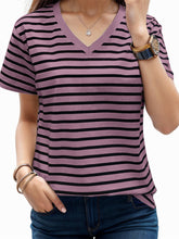 Load image into Gallery viewer, Plus Size Striped V-Neck Short Sleeve T-Shirt