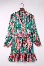Load image into Gallery viewer, Abstract Print Belted Ruffle Hem Dress