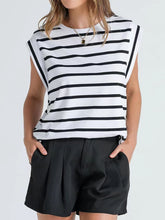 Load image into Gallery viewer, Striped Round Neck Cap Sleeve T-Shirt