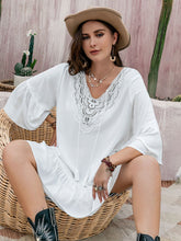 Load image into Gallery viewer, Plus Size Lace Detail Tie Neck Three-Quarter Sleeve Mini Dress