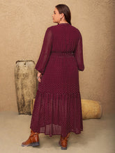 Load image into Gallery viewer, Plus Size Embroidered Polka Dot Tie Neck Long Sleeve Midi Dress