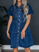 Load image into Gallery viewer, Pocketed Button Up Collared Neck Short Sleeve Denim Dress