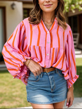 Load image into Gallery viewer, Striped Notched Long Sleeve Blouse