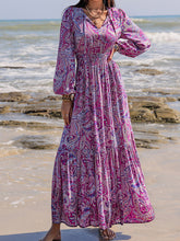 Load image into Gallery viewer, Printed Tie Neck Balloon Sleeve Maxi Dress