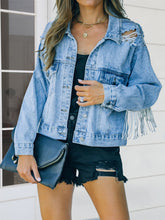 Load image into Gallery viewer, Distressed Fringe Denim Jacket