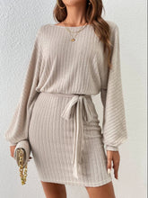 Load image into Gallery viewer, Round Neck Tie Waist Long Sleeve Mini Dress