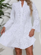 Load image into Gallery viewer, Ruffle Hem Eyelet Notched Long Sleeve Dress