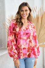 Load image into Gallery viewer, Hailey & Co Ruffle V-Neck Decor Button Floral Blouse