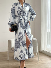 Load image into Gallery viewer, Printed Notched Lantern Sleeve Midi Dress