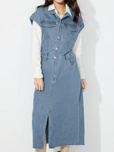 Load image into Gallery viewer, Slit Half Button Collared Neck Cap Sleeve Denim Dress