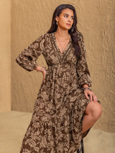 Load image into Gallery viewer, Ruched Printed V-Neck Long Sleeve Midi Dress