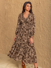 Load image into Gallery viewer, Ruched Printed V-Neck Long Sleeve Midi Dress