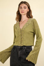 Load image into Gallery viewer, VERY J V-Neck Lace Detail Button Down Crop Ribbed Knit Top