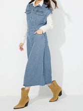 Load image into Gallery viewer, Slit Half Button Collared Neck Cap Sleeve Denim Dress