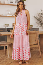 Load image into Gallery viewer, Mixed Print Tie-Neck Sleeveless Maxi Dress