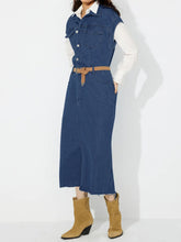 Load image into Gallery viewer, Slit Half Button Collared Neck Cap Sleeve Denim Dress