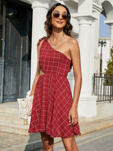 Load image into Gallery viewer, Grid One-Shoulder Tied Cutout Dress