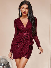 Load image into Gallery viewer, Sequined Puff Sleeve Ruffled Mini Wrap Dress