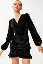 Load image into Gallery viewer, Glitter Ruched Ruffle Hem Surplice Mini Velvet Dress